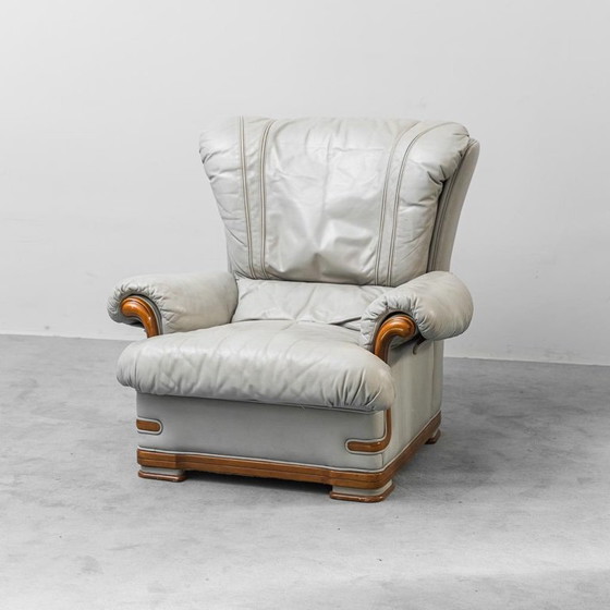 Image 1 of COPPIA DI POLTRONE VINTAGE IN PELLE GRIGIO E LEGNO ANNI ’50 MODERNARIATO