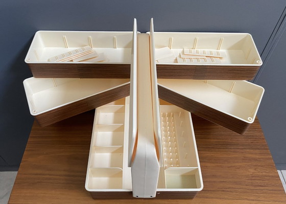 Image 1 of 1970s plastic brown sewing box in original box