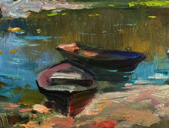 Image 1 of Original Oil Painting Summer River Landscape Crossing to the other bank