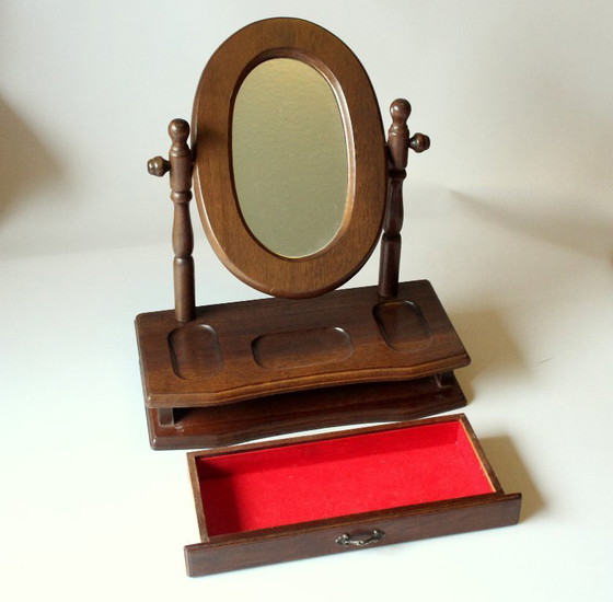 Image 1 of Beautiful small vanity mirror/cosmetic mirror made of wood and glass with drawer - Vintage 80s