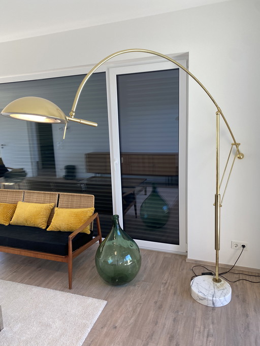 Large brass and white marble pendulum arch floor lamp