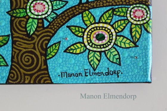 Image 1 of Cuadro único pintado a mano Gatos en el árbol 30x18 cm