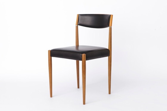 Image 1 of Set of 6 Vintage Teak Dining Chairs 1960s Germany, Mid Century Modern with Black Faux Leather