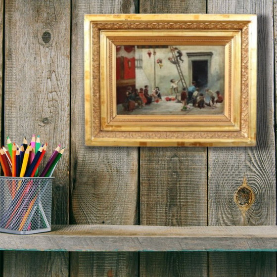 Image 1 of Oil Painting on Canvas, Children Playing, Italy 19th Century