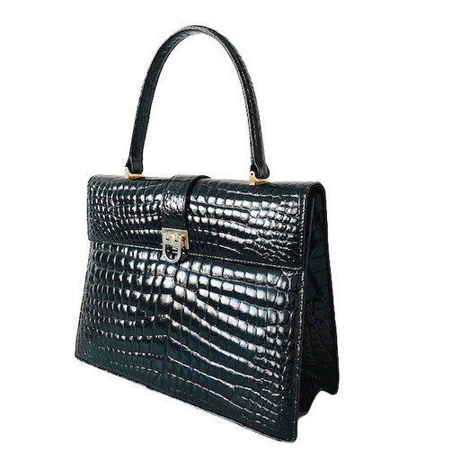 Borsa vintage in vernice nera con stampa coccodrillo Vimar Paris, anni '60