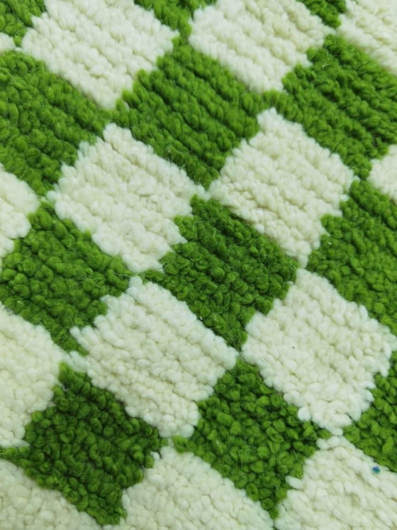 Image 1 of Handwoven Moroccan wool rug, 300/70cm, olive green checkerboard pattern