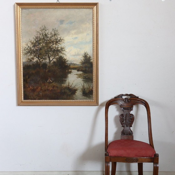 Image 1 of Dipinto ad olio su tela, Paesaggio fluviale, firmato J Paulman, fine XIX secolo.