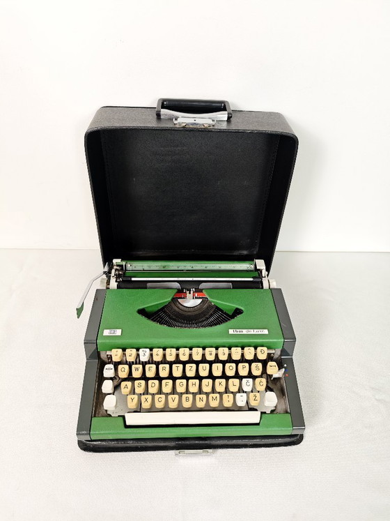 Image 1 of Vintage Green Working Typewriter / Green UNIS TBM De Luxe 1970's / Retro Office / Office Decor / Olympia / Mid Century Modern