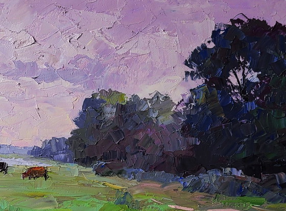 Image 1 of Original Oil Painting Rural Landscape Nature Pasture Cows in the Field