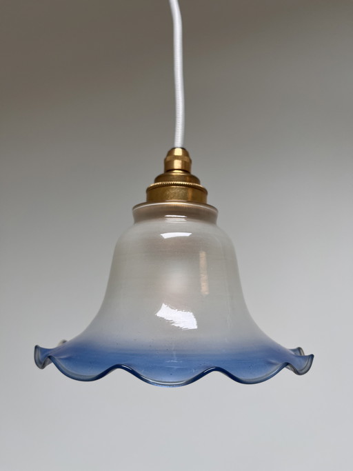 Vintage flower-shaped pendant lamp, frosted glass with blue rim (1970s/1980s)