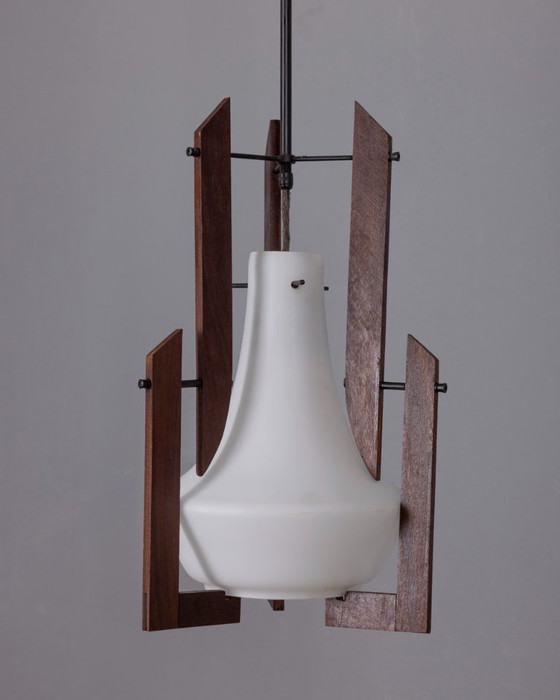 Image 1 of VINTAGE 1950S WOOD AND GLASS CHANDELIER DESIGNED BY ICO PARISI