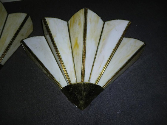 Image 1 of 2 TIFFANY-STYLE ART DECO FAN-SHAPED WALL LIGHTS IN VINTAGE GLASS PASTE