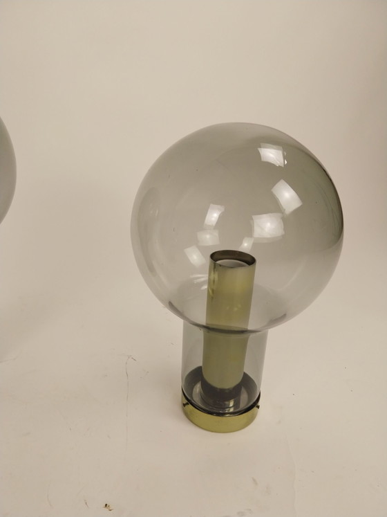 1 x set of three Raak Amsterdam globe by Frank Ligtelijn 1968, Wall lights, Glass, Metal, Gold, Vintage (photo 4 of 9)