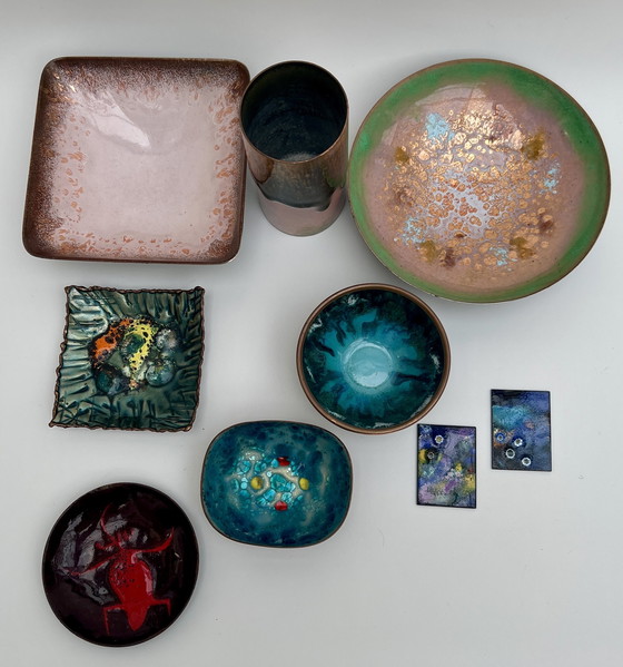 Image 1 of Mid-Century Copper Enamel Collection of Handcrafted Bowls & Vases (9 pieces)