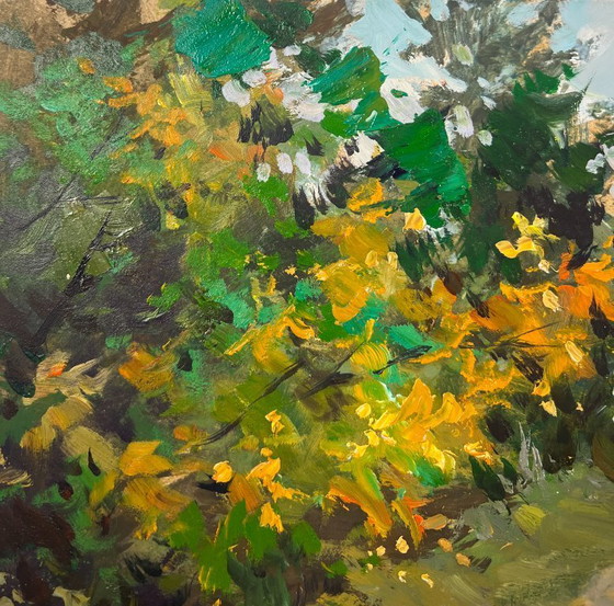 Image 1 of Peinture à l'huile originale Paysage de route d'été Un chemin à travers le silence de la forêt