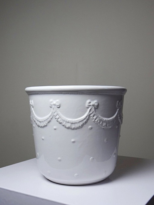 Decorative white earthenware plant pot from Bassano, Italy, vintage shabby chic