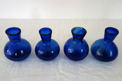 4 cobalt blue blown glass vases with bubbles, 60s/70s