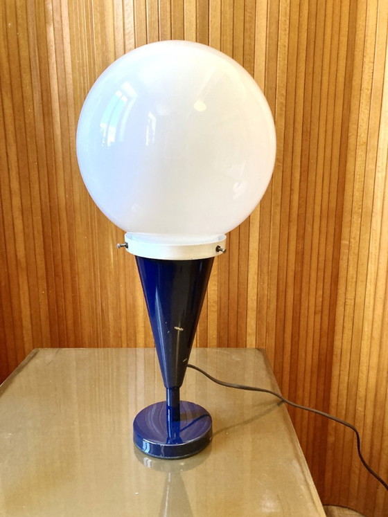 Image 1 of Pair of table lamps, blue metal bases and opaline globes, 1970s-80s
