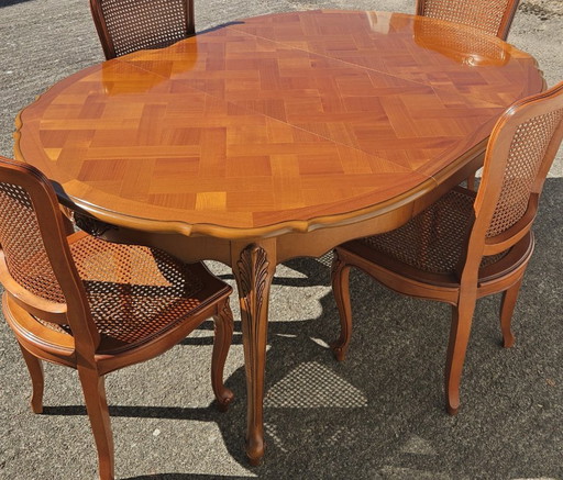 French Vintage Marqueterie Dining Table-Extendable Cherrywood Table-Style Louis XV-80s