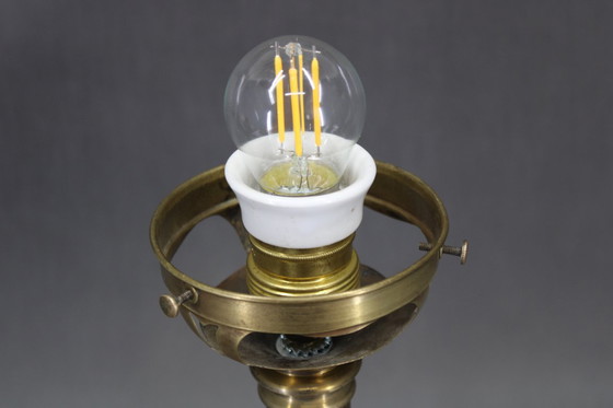 Image 1 of 1940s Restored Brass Table Lamp with Marble Base and Glass Shade