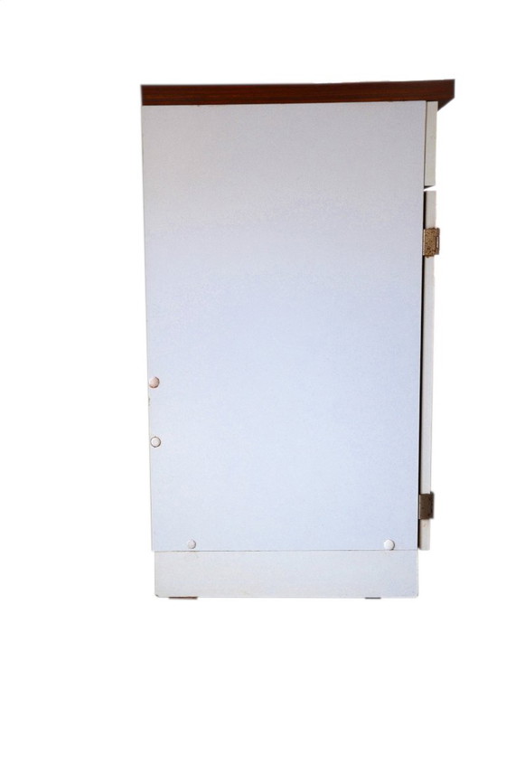 Low Formica Buffet Cabinet, White and Dark Wood, W80xD47xH81cm, Vintage – Sideboard, Metal (photo 9 of 9)