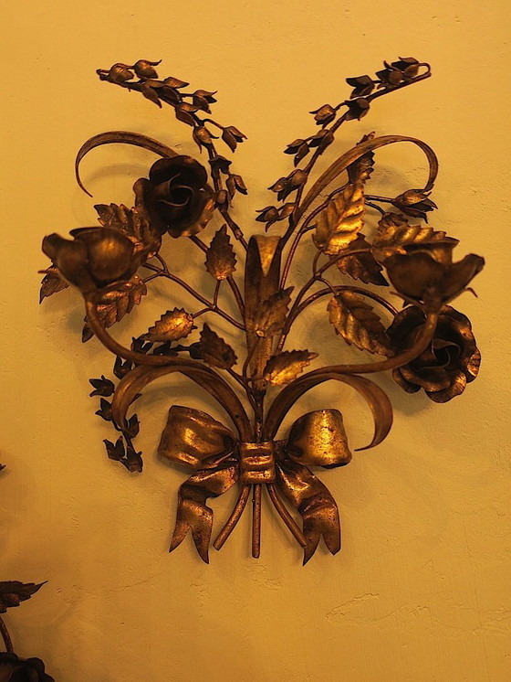 Image 1 of Pair of Gold Plated Wall Double Candleholders with Roses by Hans Kögl, 1960s