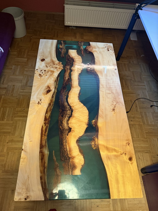 One-of-a-Kind River Table with Deep Emerald Green Resin
