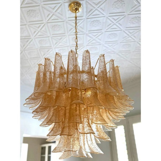 Image 1 of Lampadario contemporaneo in vetro di Murano "Petali-Selle" trasparente e oro in stile Mazzega