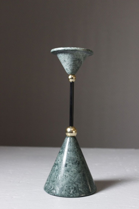 Image 1 of Vintage marble & brass candlestick, post-modernist Memphis design, 1980s