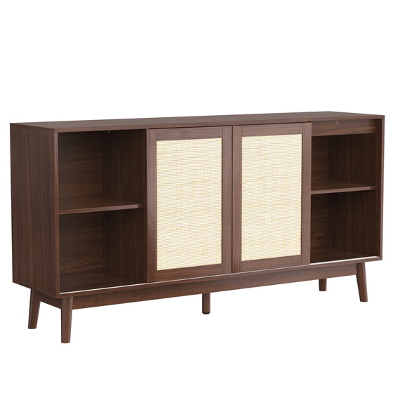 Image 1 of Urban Meuble sideboard in walnut look with 3 sliding rattan doors and 2 drawers 155x38x80cm USOH WALNUT