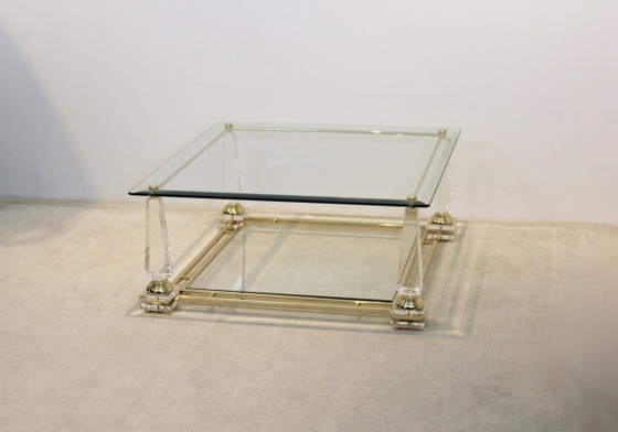 Lucite, Messing en Glas Obelisk Salontafel, Koffietafelboeken, Hollywood Regency (foto 2 van 10)