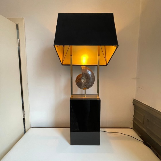 Lampe vintage Hollywood Regency Ammonite en laiton doré et bois laqué noir de Maison Jansen, 1970 (photo 13 of 19)