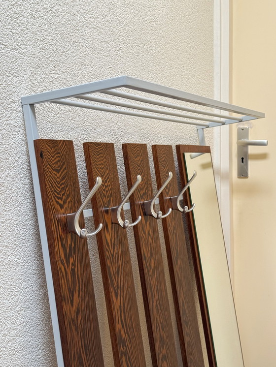 Image 1 of Vintage Retro Wooden Coat Rack with 24 Hooks, Mirror and Storage