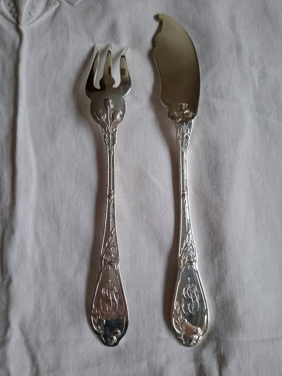 Image 1 of 6 couverts à poisson argentés art nouveau 'Chardons' orfèvre Boulenger