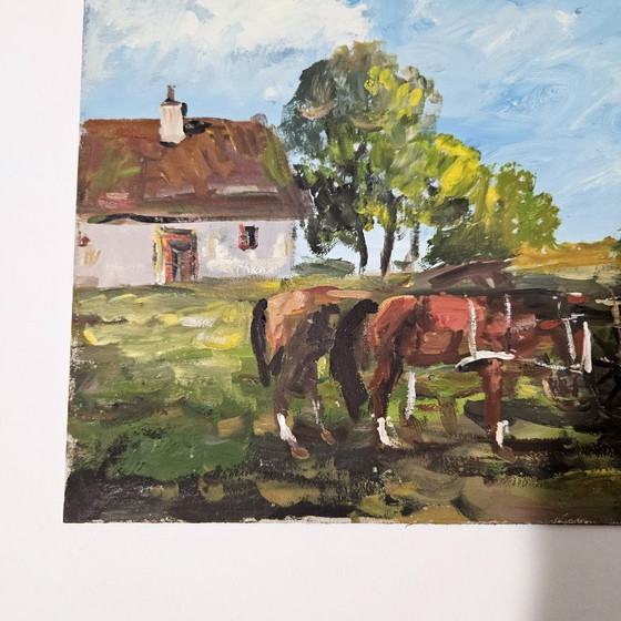 Image 1 of Jozsef BANFI (1936-) Oil Painting on Cardboard | Horse and Cart on the Farm | Signed by Bánfi | Famous Hungarian Painter