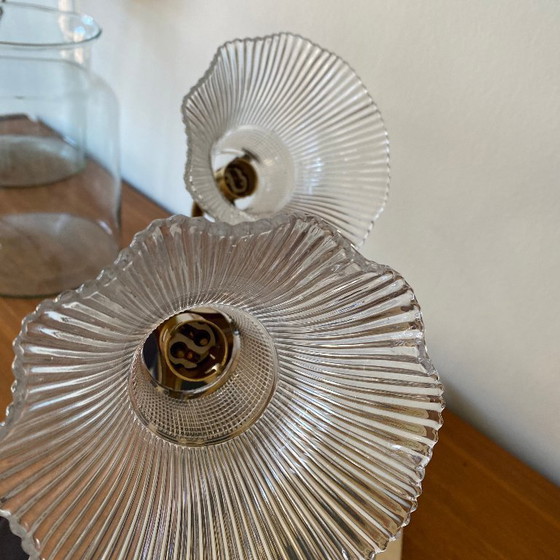 Image 1 of Coppia di applique a collo d'oca in ottone con paralumi a tulipano in vetro trasparente