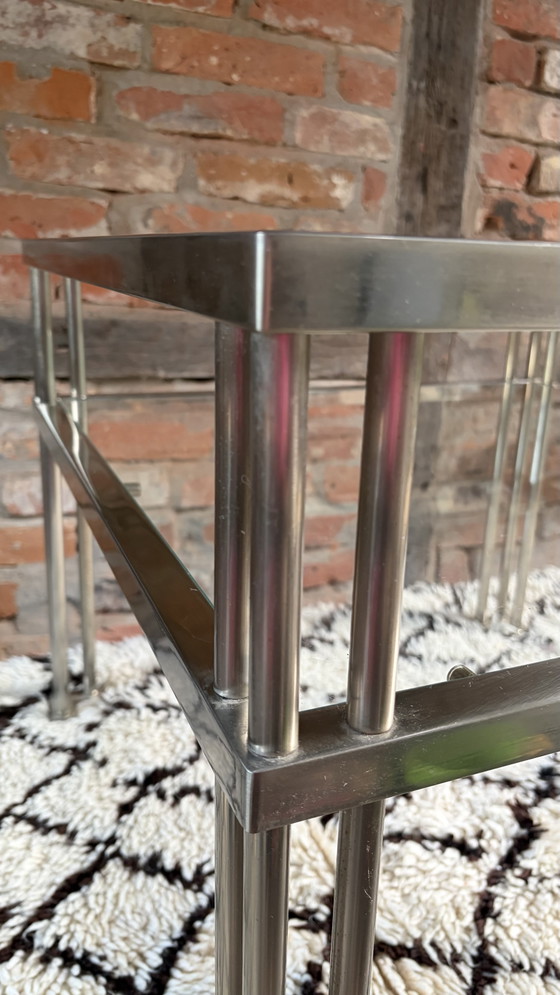 Image 1 of Table d'appoint style Mid-Century, acier brossé, verre, designer