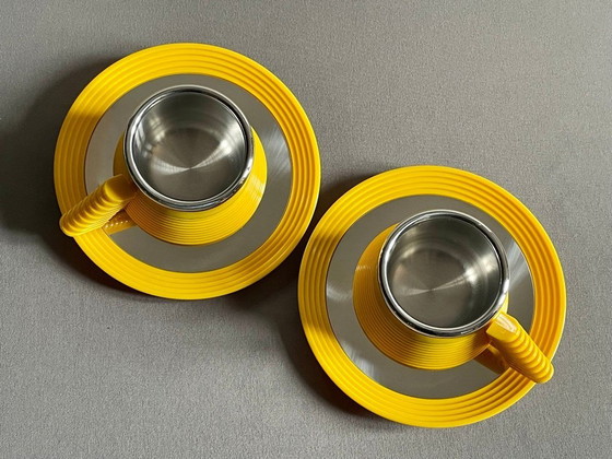 Image 1 of Service à café expresso Carlo Giannini des années 1970, modèle "Star Trek Enterprise". Acier inoxydable et polyamide jaune. Rare