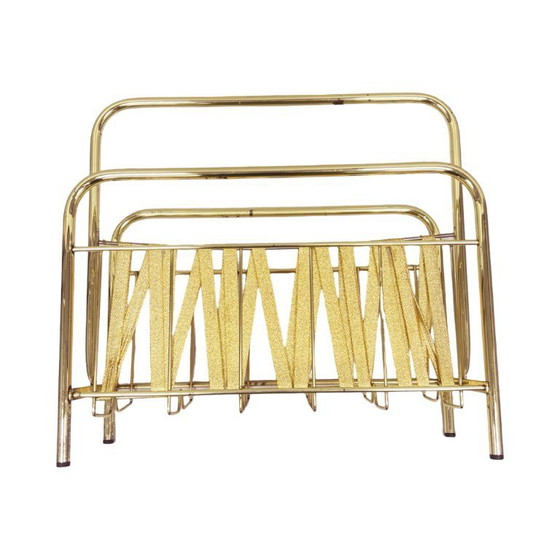 Image 1 of Vintage krantenrek van messing en stof, jaren 70, Duitsland, Hollywood Regency-stijl.