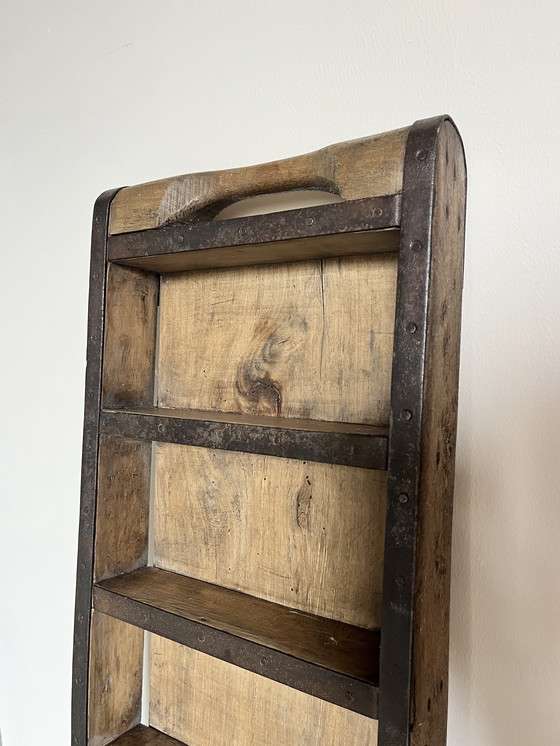 Image 1 of Rustic Narrow Wall Shelf – Old Stone Mold for Bricks – Solid Wood