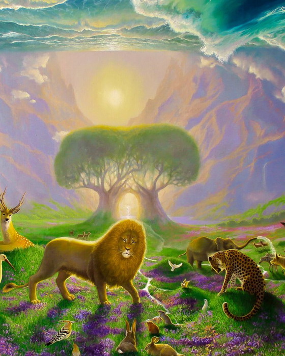 Original Oil Painting Nature Landscape Fantasy Animals Creation of the World – Paintings & Drawings, Canvas (photo 6 of 8)