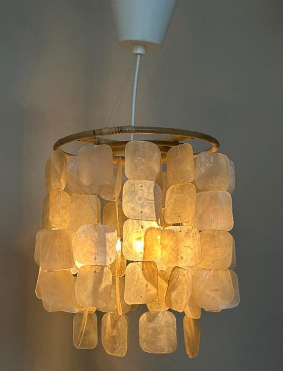 Image 1 of Set Of 2 Capiz Shell Pendant Lamps Shell Pearl Bamboo Frame White Wiring