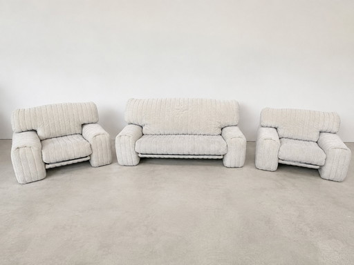 Rare Salon Vintage Ligne Roset – Made in France – Canapé & 2 Fauteuils – Années 1970/1980 – 3 5 zitsbanken, Velvet