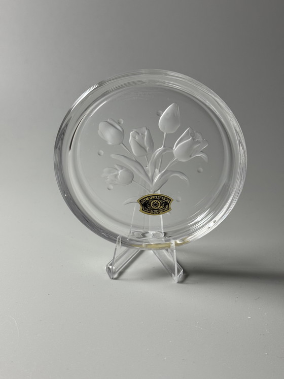 Image 1 of Coffret de 6 sous-verres en cristal Val Saint Lambert « Fleurs » – Motifs floraux – Style années 1950 – En boîte