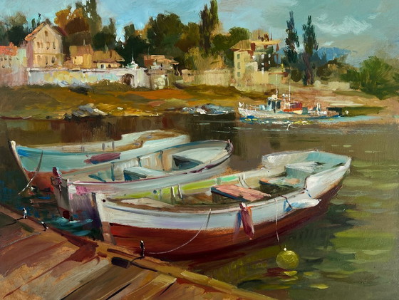 Image 1 of Original Oil Painting Summer Coastal Landscape City boat ferry