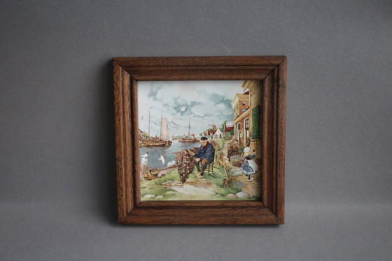Image 1 of Piastrella in ceramica Mosa, ceramica in cornice di legno, decorazione murale, motivo: Olanda, pescatore, firmata