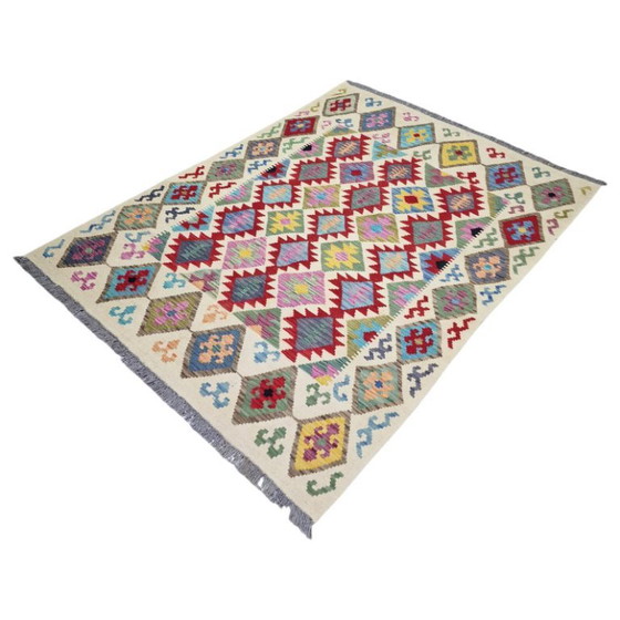 Vintage Maimana Kilim tapijt – Handgeweven Afghaanse wol, omkeerbaar (203 x 151 cm) – Vloerkleden en tapijten (photo 3 of 5)