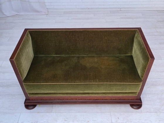 Image 1 of 1950s, Danish 2-seater sofa, original green furniture velour, oak wood.
