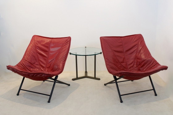Molinari Foldable Easy Chairs Designed by Teun Van Zanten, Armchairs, Leather, Metal, Red, Mid Century Modern (photo 2 of 10)