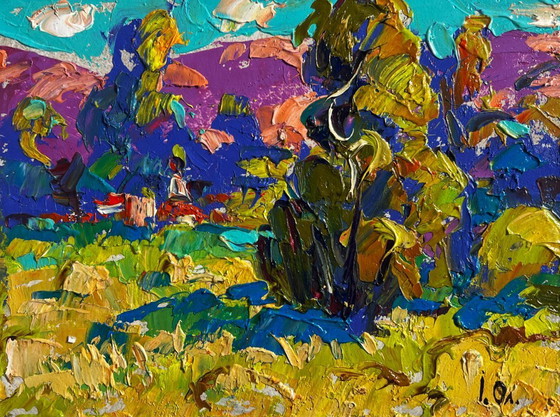 Image 1 of Original Oil Painting Day Field Landscape Fresh summer morning